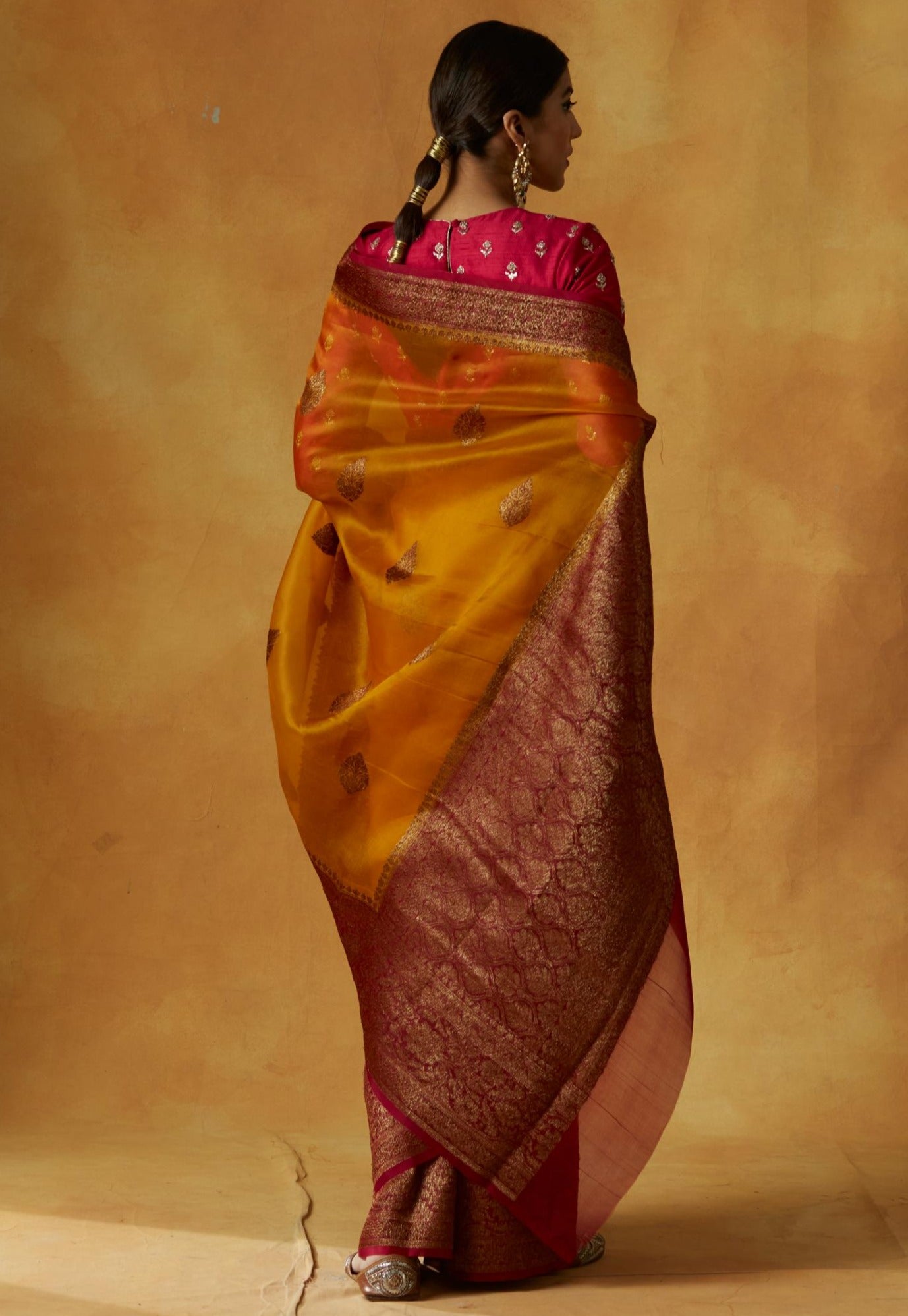 Mustard & Maroon Handwoven Pure Organza Sari