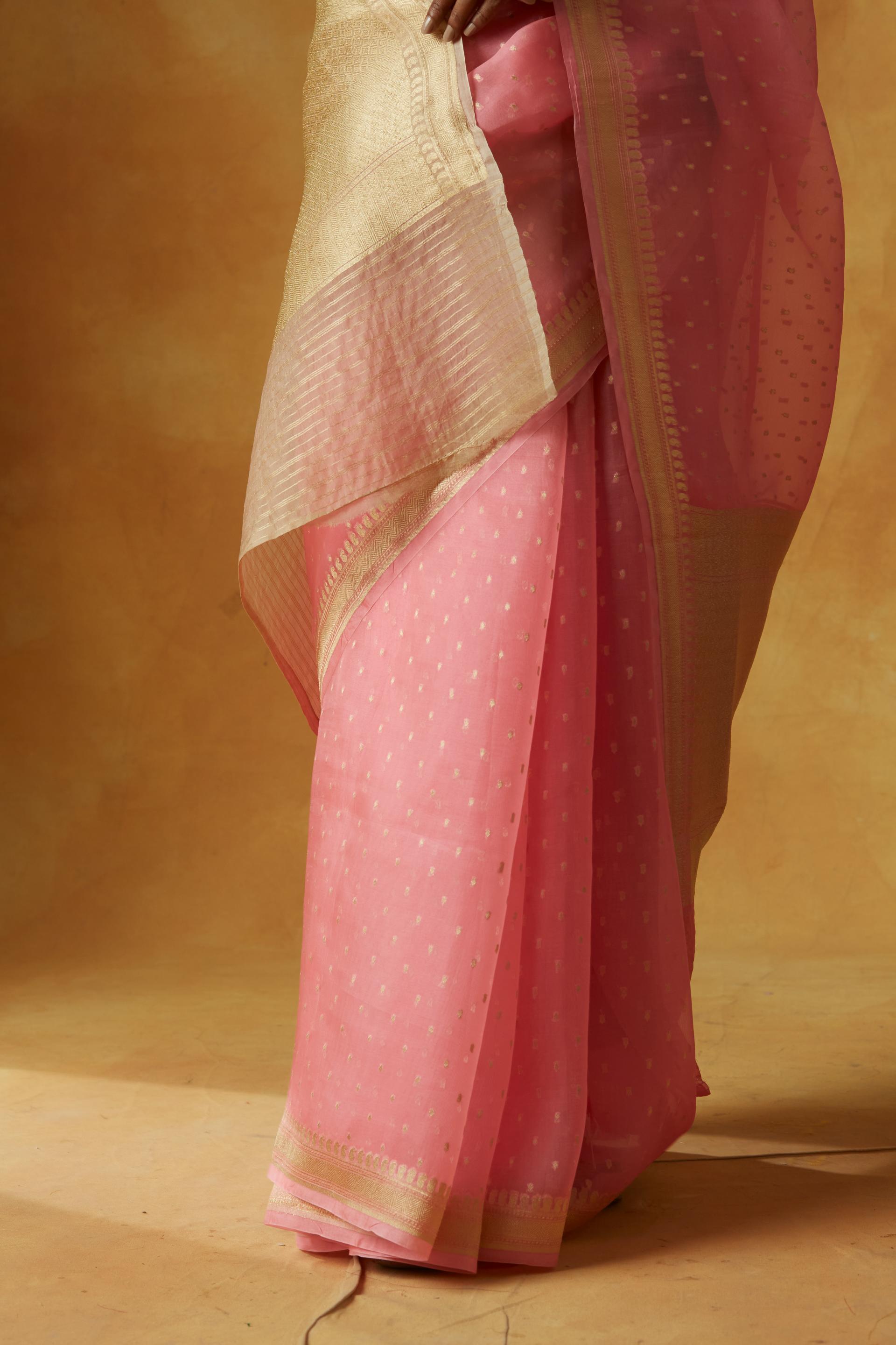 Shaded Pink & cream Handwoven Pure Organza Sari