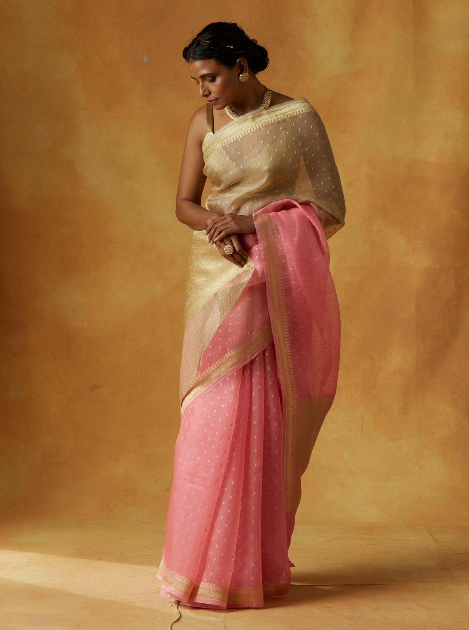 Shaded Pink & cream Handwoven Pure Organza Sari