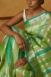 Green Handwoven Pure Organza Sari painted with handbrush & Konia