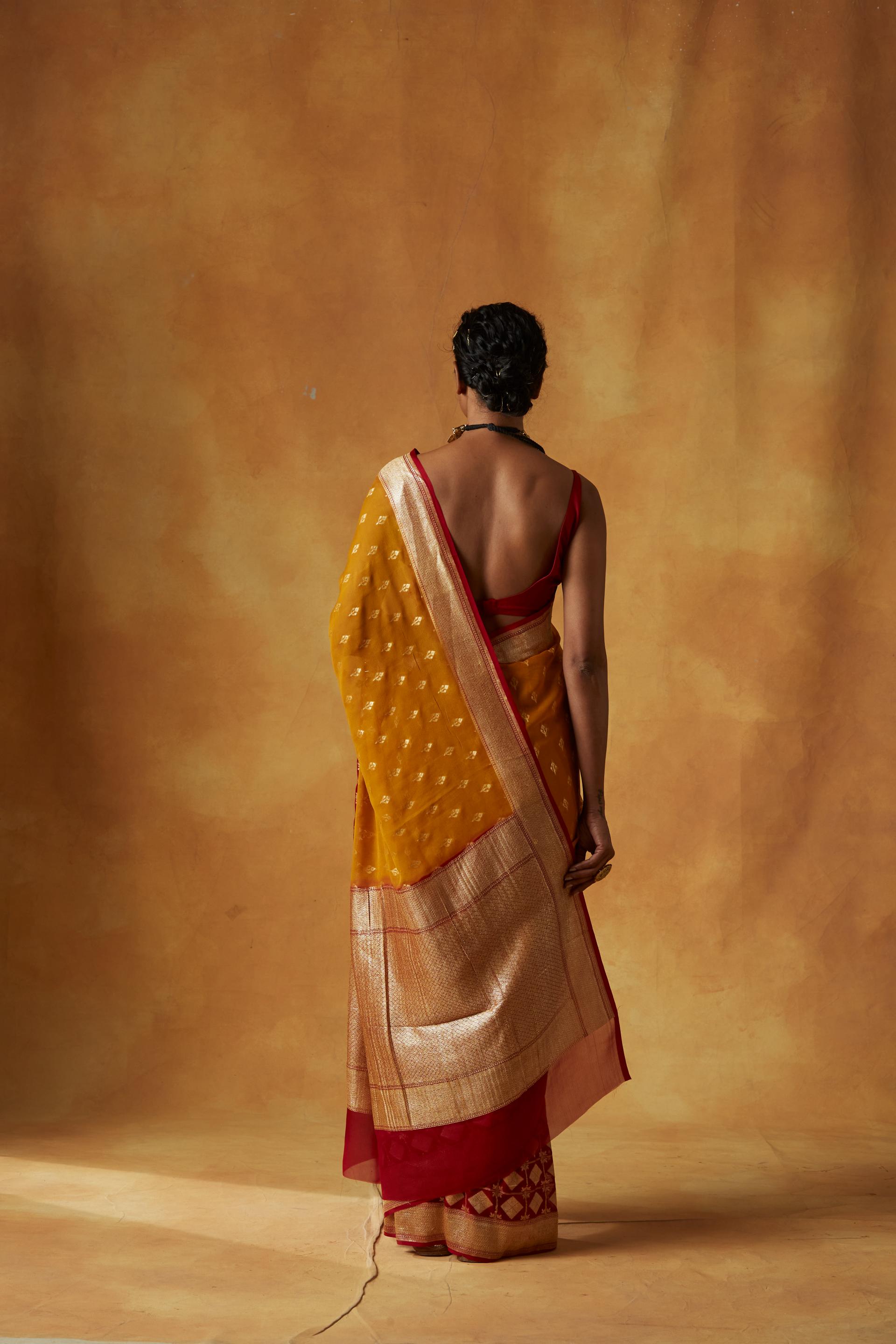 Mustard & Red Handwoven Pure Georgette Sari