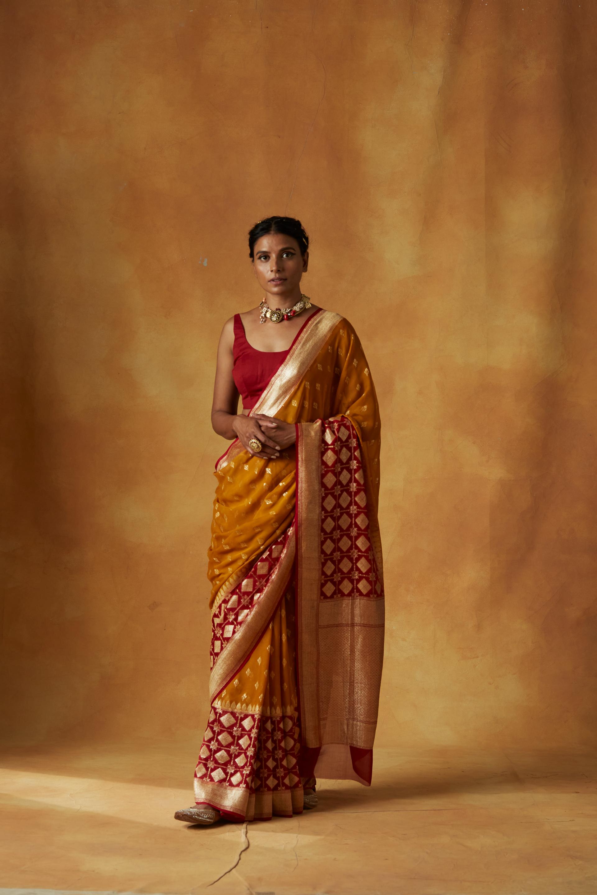 Mustard & Red Handwoven Pure Georgette Sari