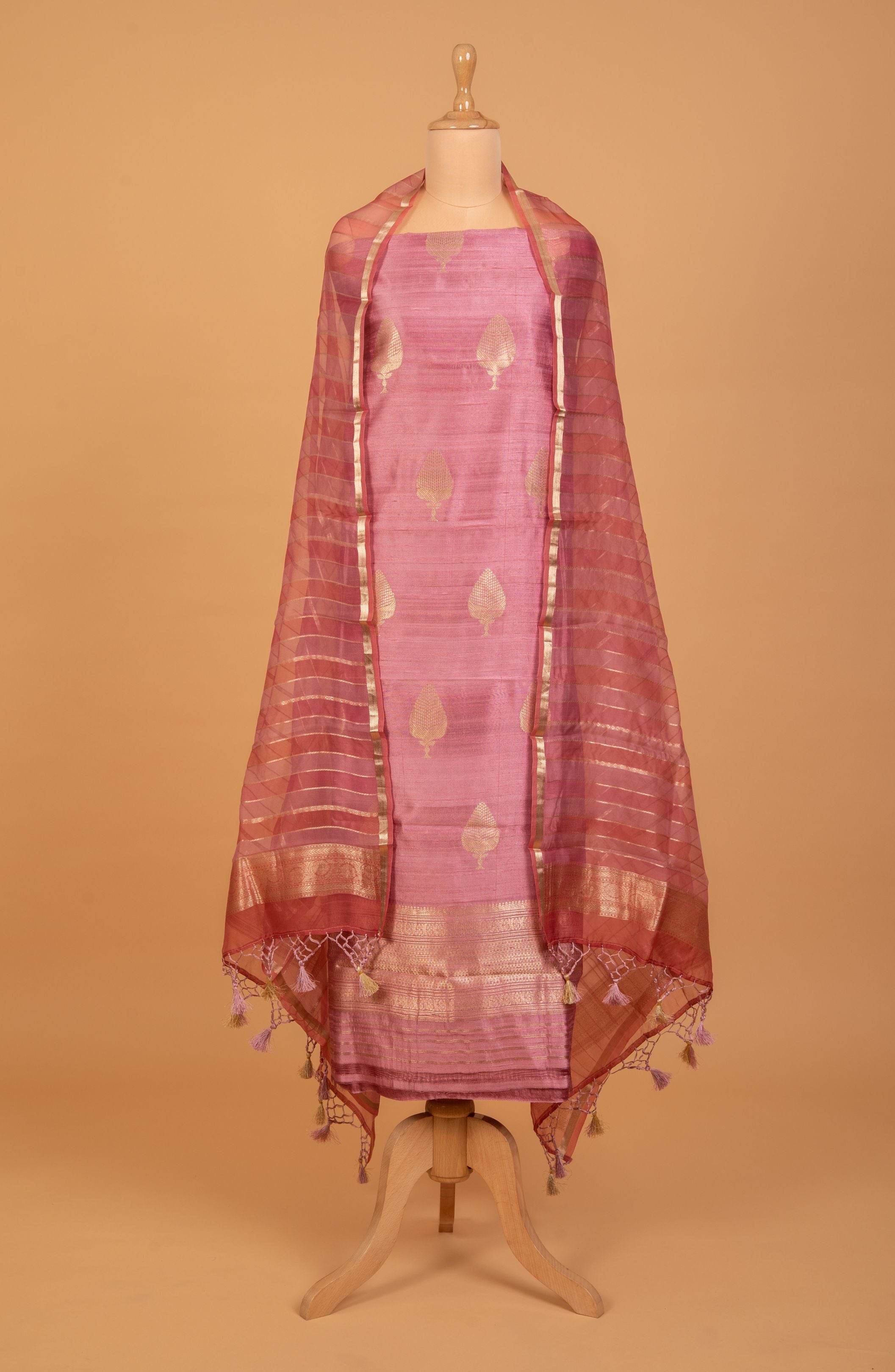 Handwoven Pink Raw Silk Suit Set with Dupatta