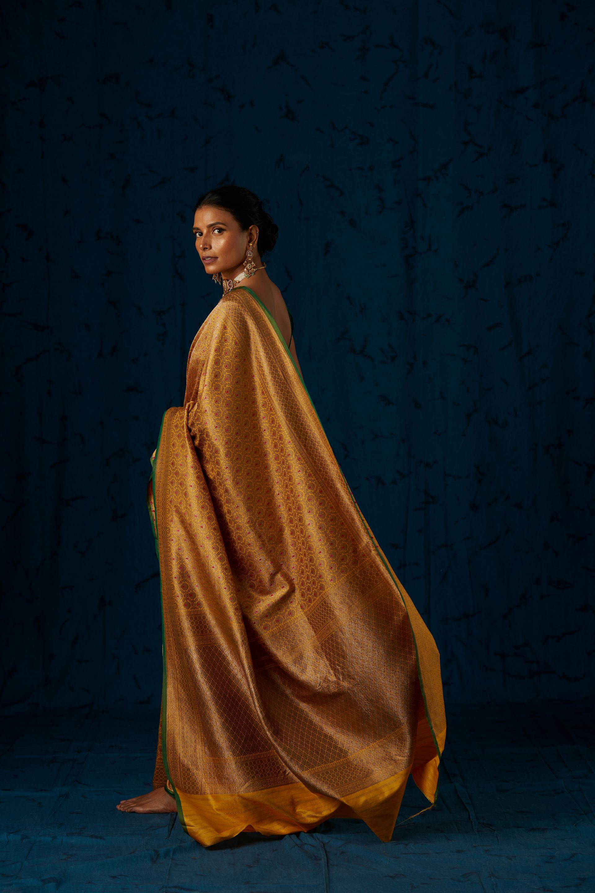 Yellow Handwoven Pure Silk Sari with Meenakari