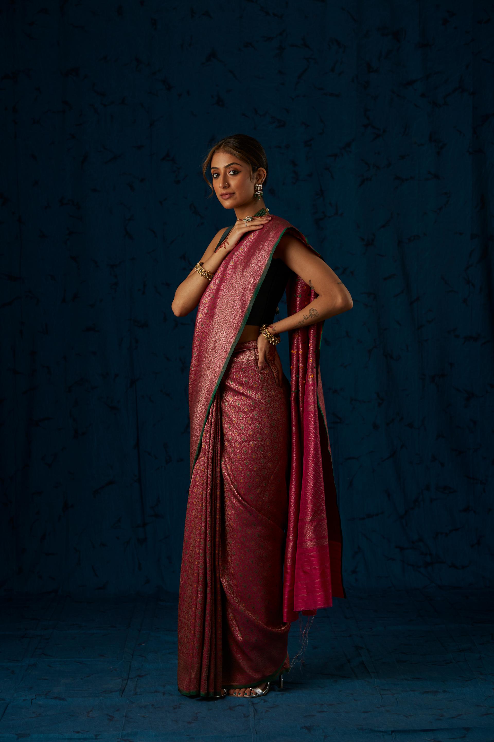 Pink Handwoven Pure Silk Sari with Meenakari