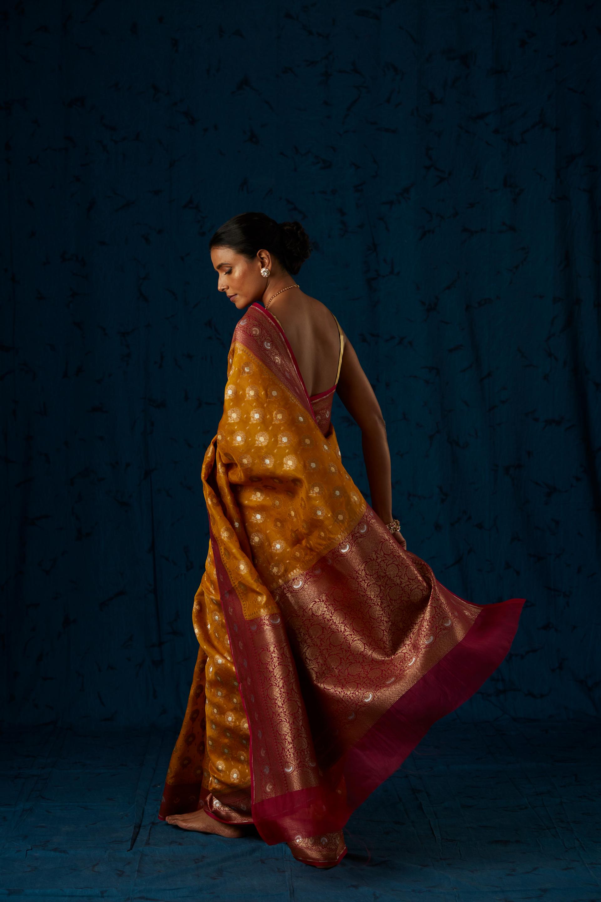 Mustard & Pink Minakari Handwoven Pure Organza Sari