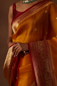Mustard & Red Handwoven Pure Organza Sari
