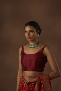 Maroon Sleeveless Handloom Pure Raw Silk Stiched Blouse with scoop neck