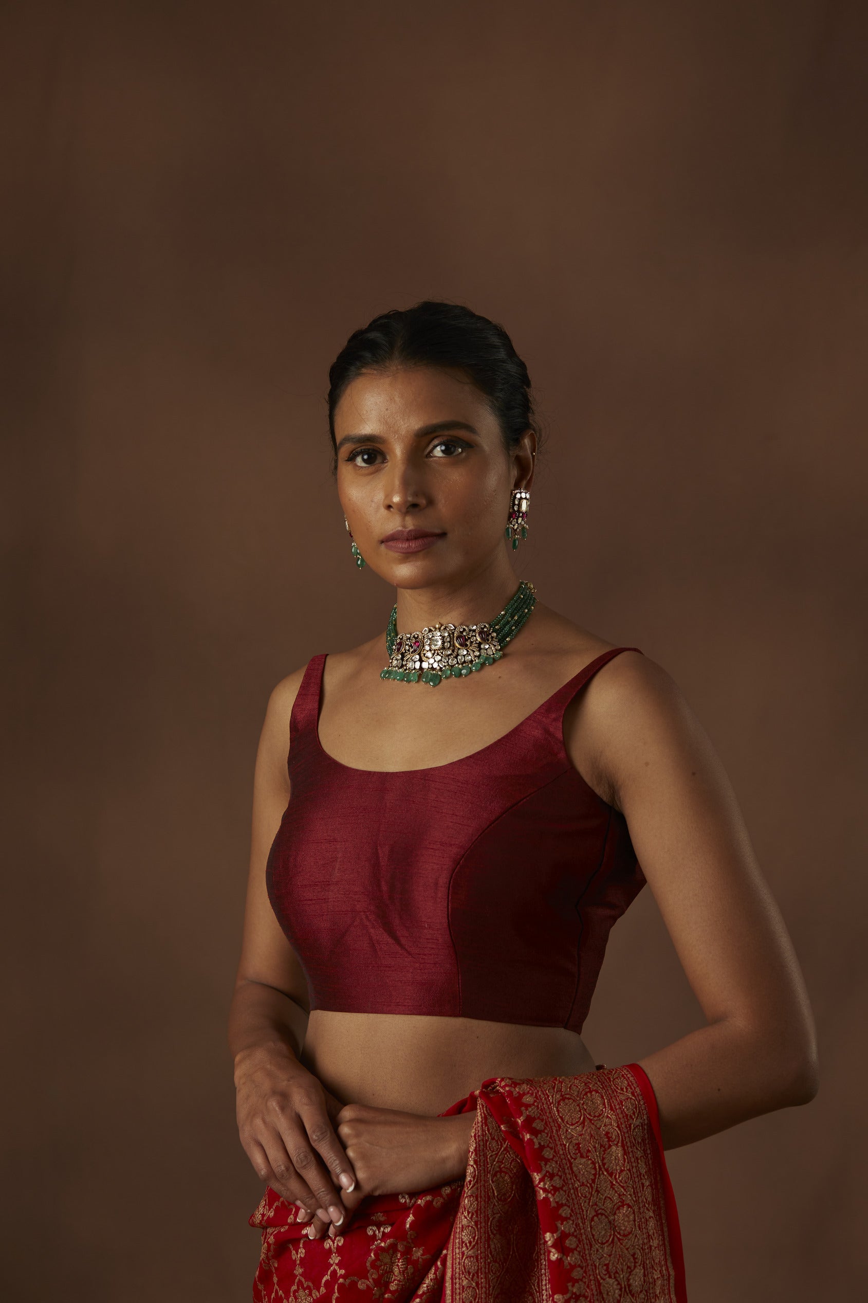 Maroon Sleeveless Handloom Pure Raw Silk Stiched Blouse with scoop neck
