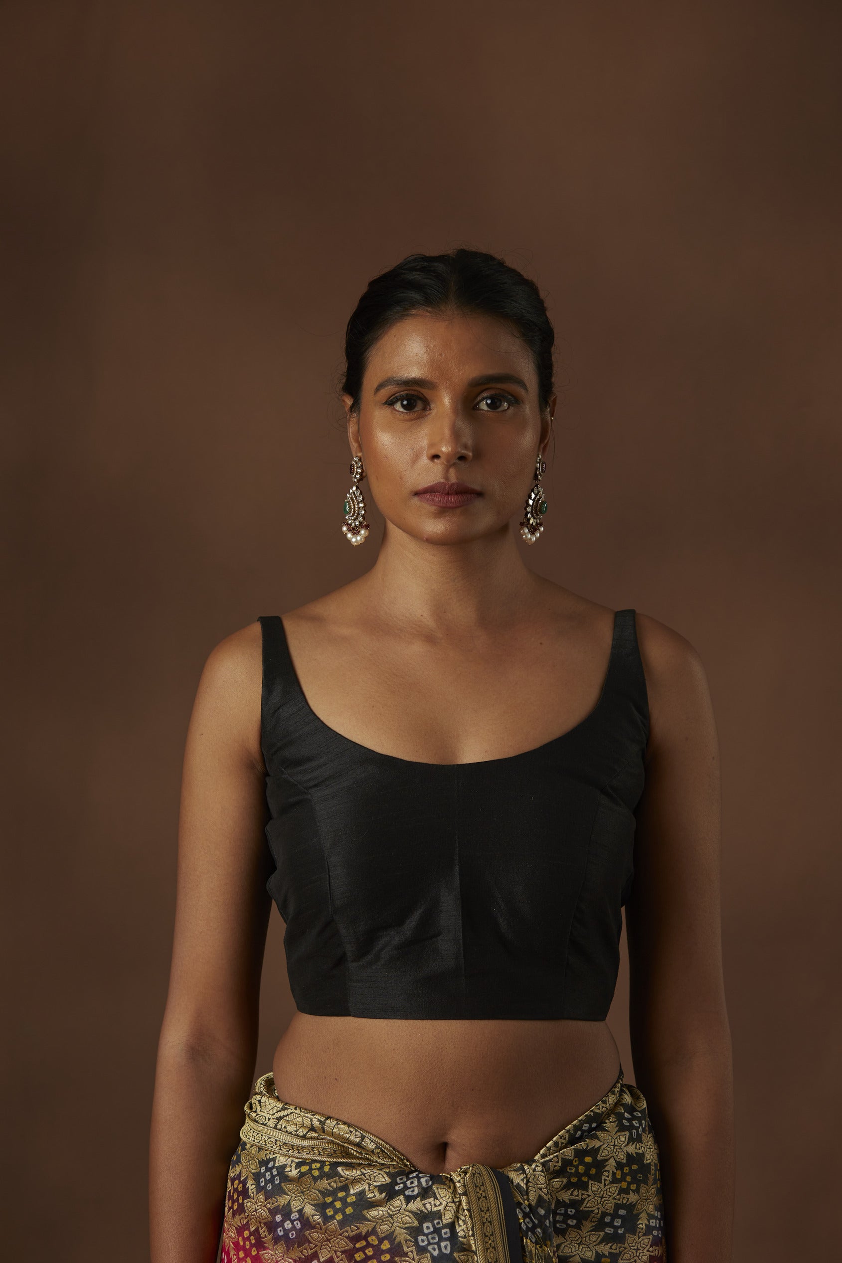 Black Sleeveless Handloom Pure Raw Silk Stiched Blouse with scoop neck