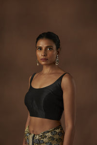 Black Sleeveless Handloom Pure Raw Silk Stiched Blouse with scoop neck