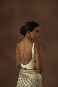 White Sleeveless Handloom Pure Raw Silk Stiched Blouse with scoop neck