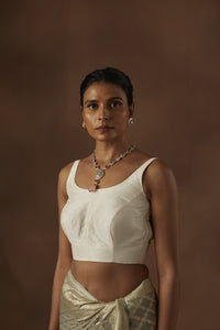 White Sleeveless Handloom Pure Raw Silk Stiched Blouse with scoop neck