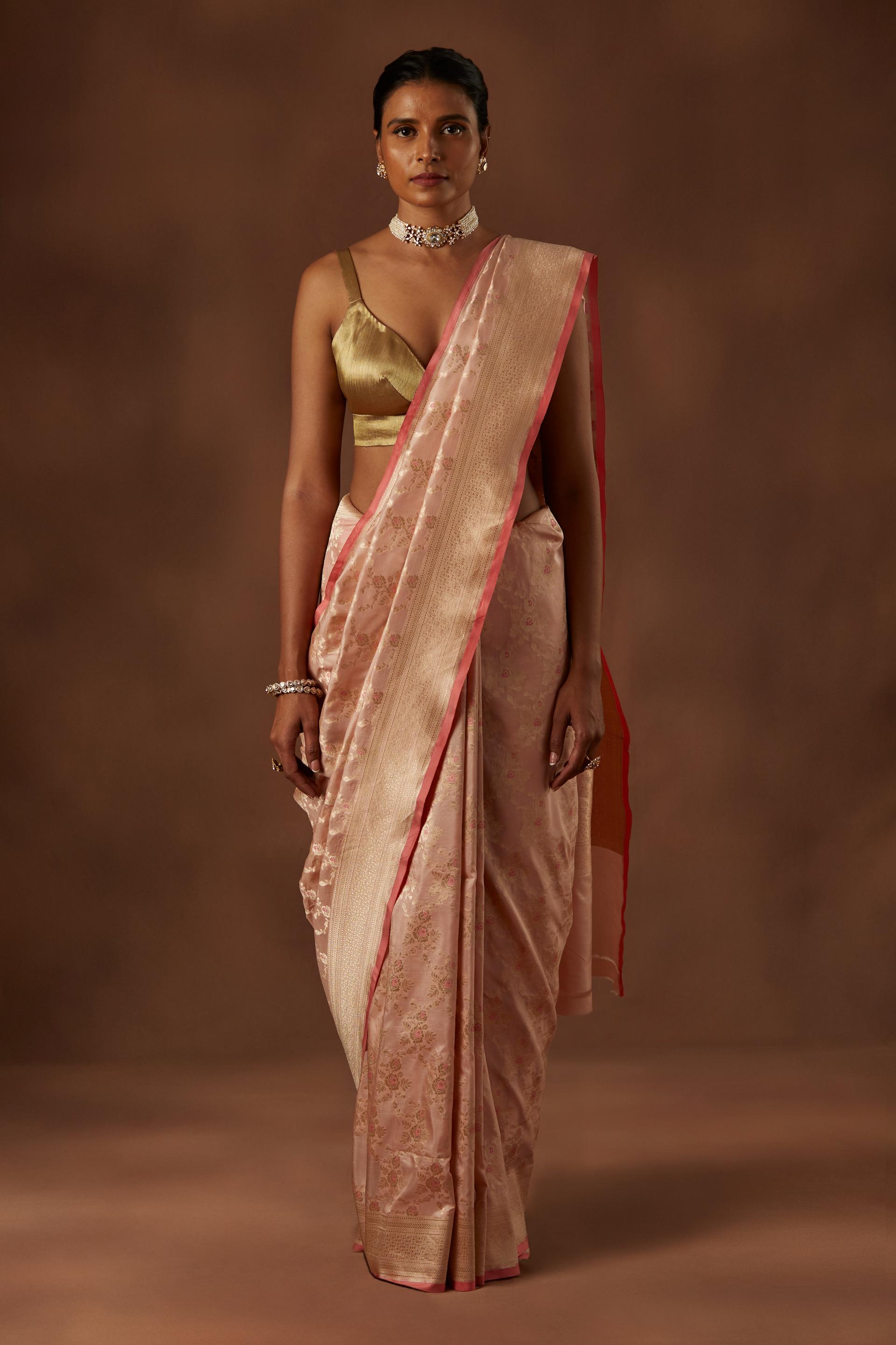 Pre-order : Pink Handwoven Pure Silk Sari with roses jaal