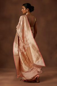Pre-order : Pink Handwoven Pure Silk Sari with roses jaal