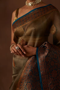 Grey & Blue Handwoven Pure Organza Sari