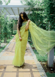 Handloom Organza in yellow with pearl scallops