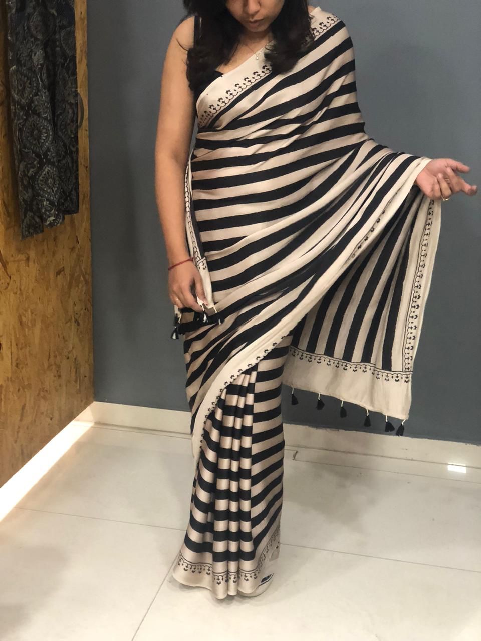 Handblock printed modal silk Saree in black & white stripes