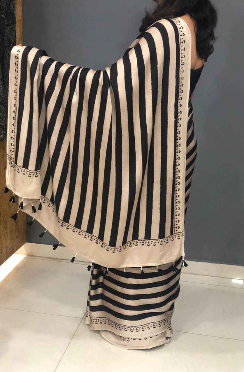 Handblock printed modal silk Saree in black & white stripes