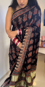 Black Handblock printed modal silk Saree with lagadi palla