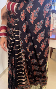 Black Handblock printed modal silk Saree with lagadi palla