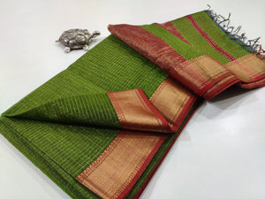 Handloom Silk Cotton Maheshwari Saree with Zari border and gold checks
