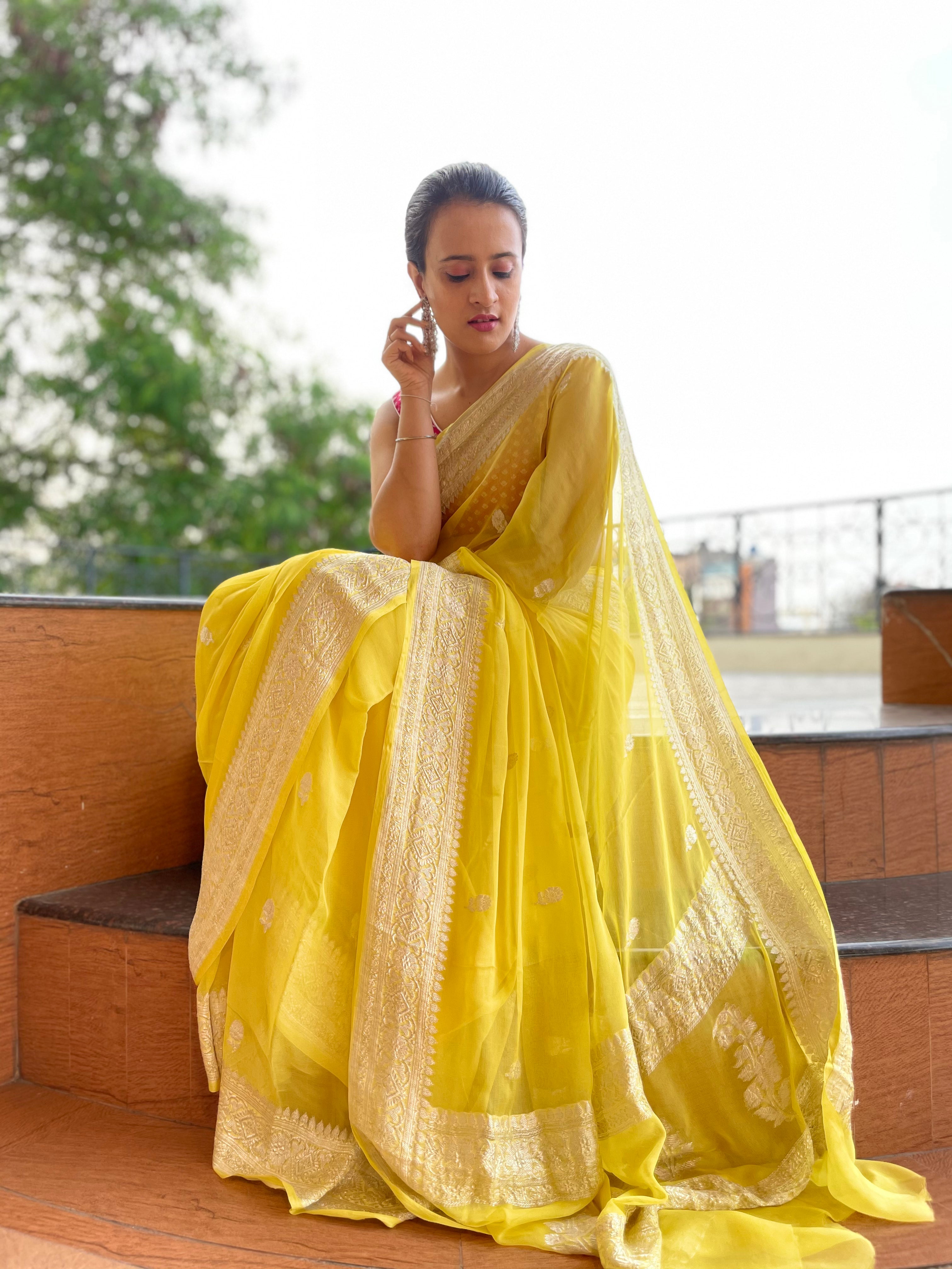 Yellow Handwoven Pure Chiffon Sari in silver zari