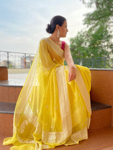 Yellow Handwoven Pure Chiffon Sari in silver zari